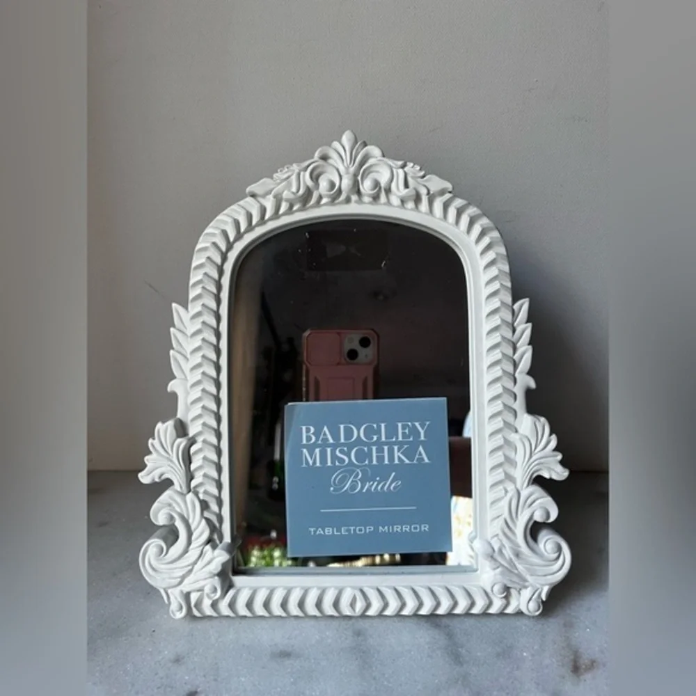 Badgley Mischka White Tabletop Mirror white ornate frame